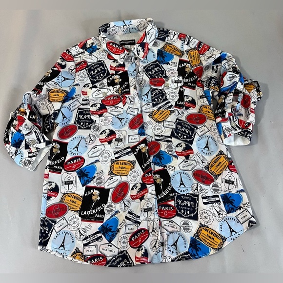 Karl Lagerfeld Paris Chiffon Womens Sz Large Blouse Logo Graffiti‎ Bright Colors - Picture 2 of 10